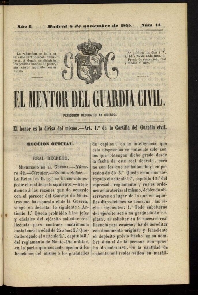 Miniatura de El mentor del Guardia Civil: periódico dedicado al cuerpo del 8 de noviembre de 1855, nº 14