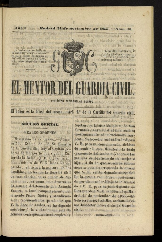 Miniatura de El mentor del Guardia Civil: periódico dedicado al cuerpo del 24 de noviembre de 1855, nº 16