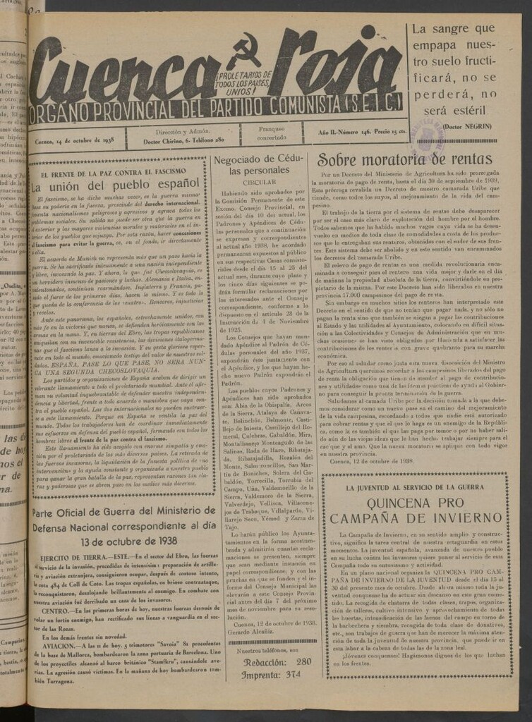 Miniatura de Cuenca Roja : órgano del Partido Comunista del 14 de octubre de 1938