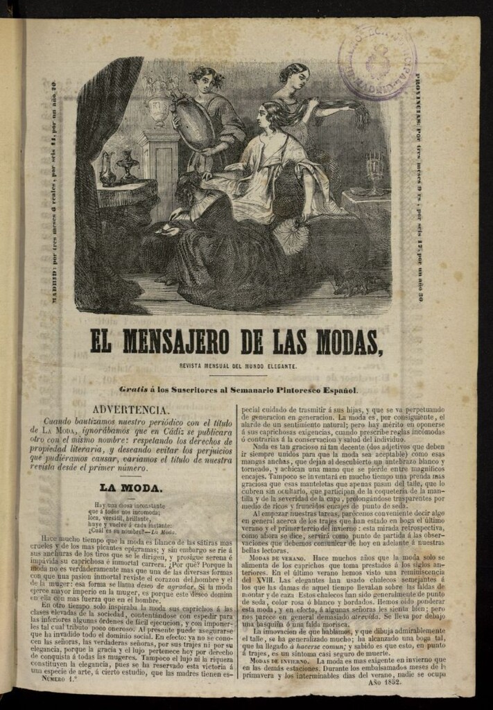 Miniatura de El Mensajero de las Modas de enero de 1852, nº 1