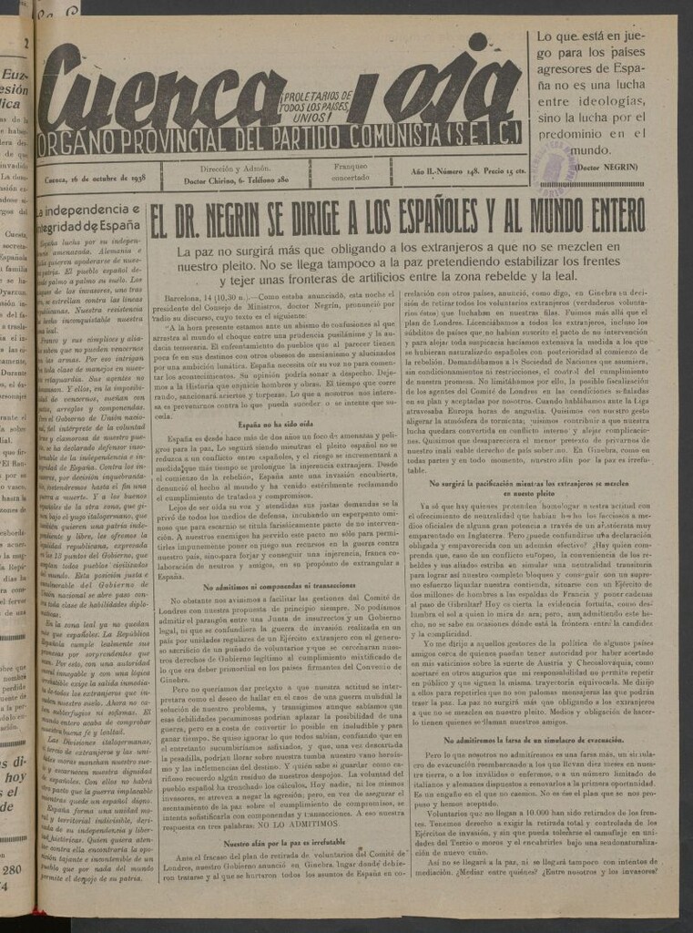 Miniatura de Cuenca Roja : órgano del Partido Comunista del 16 de octubre de 1938