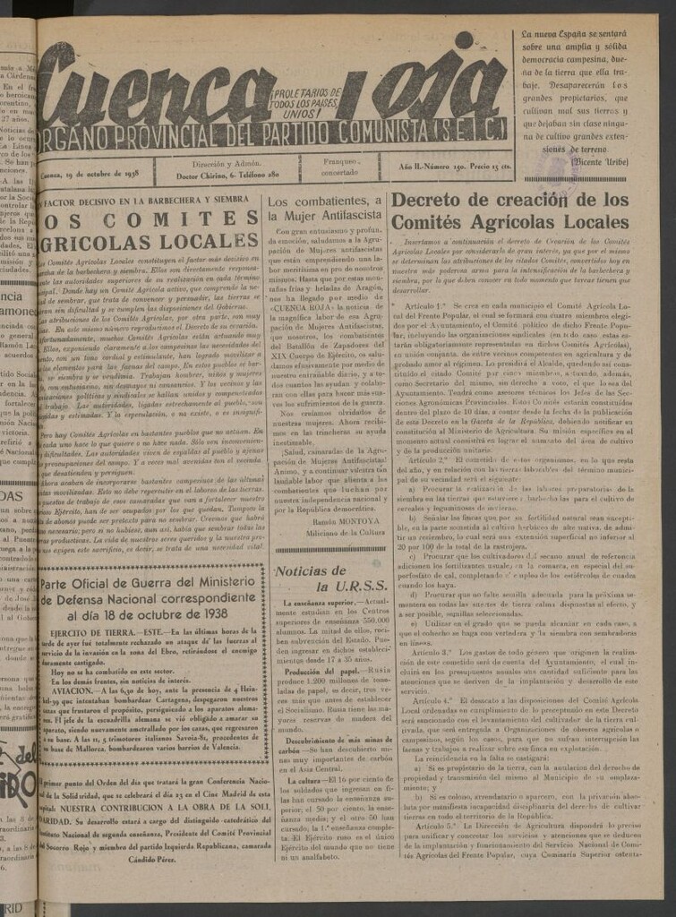 Miniatura de Cuenca Roja : órgano del Partido Comunista del 19 de octubre de 1938