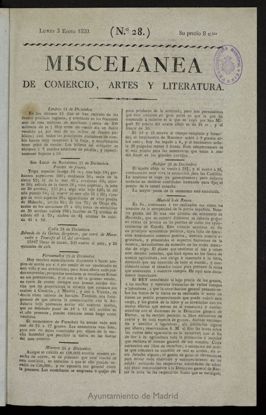 Miniatura de Miscelánea de comercio, artes y literatura (Madrid) del 3 de enero de 1820, nº 28