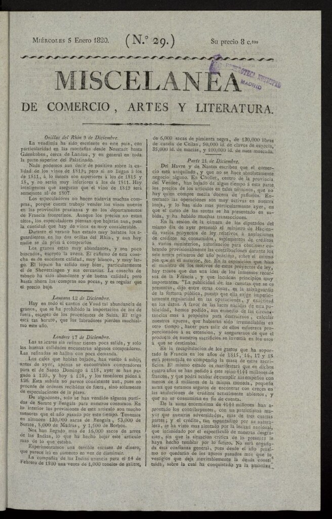 Miniatura de Miscelánea de comercio, artes y literatura (Madrid) del 5 de enero de 1820, nº 29