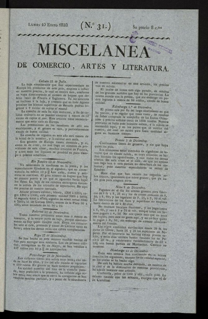 Miniatura de Miscelánea de comercio, artes y literatura (Madrid) del 10 de enero de 1820, nº 31