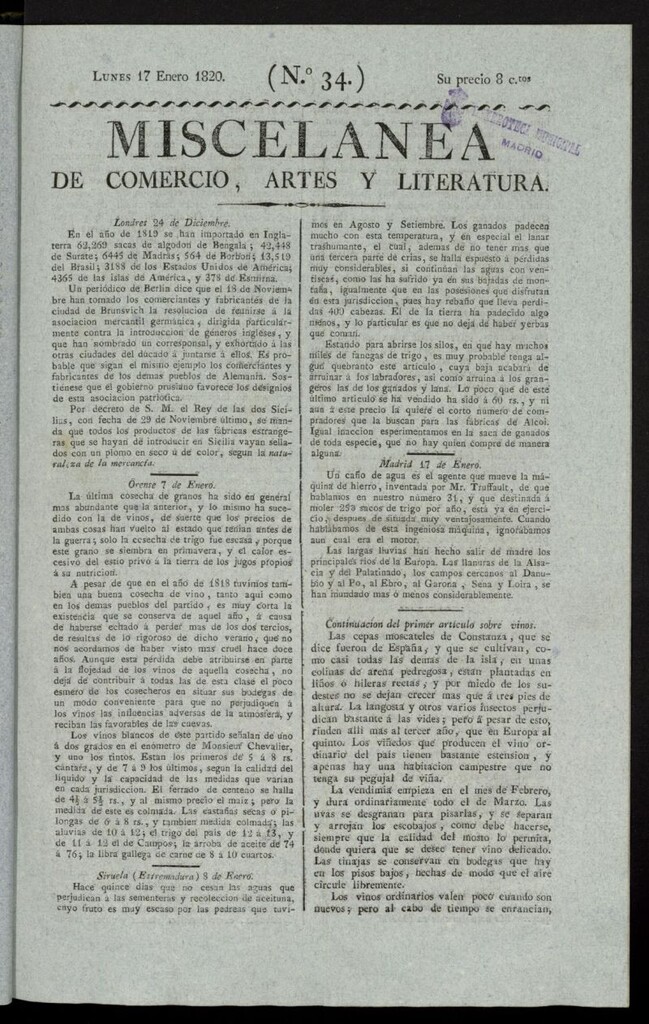 Miniatura de Miscelánea de comercio, artes y literatura (Madrid) del 17 de enero de 1820, nº 34