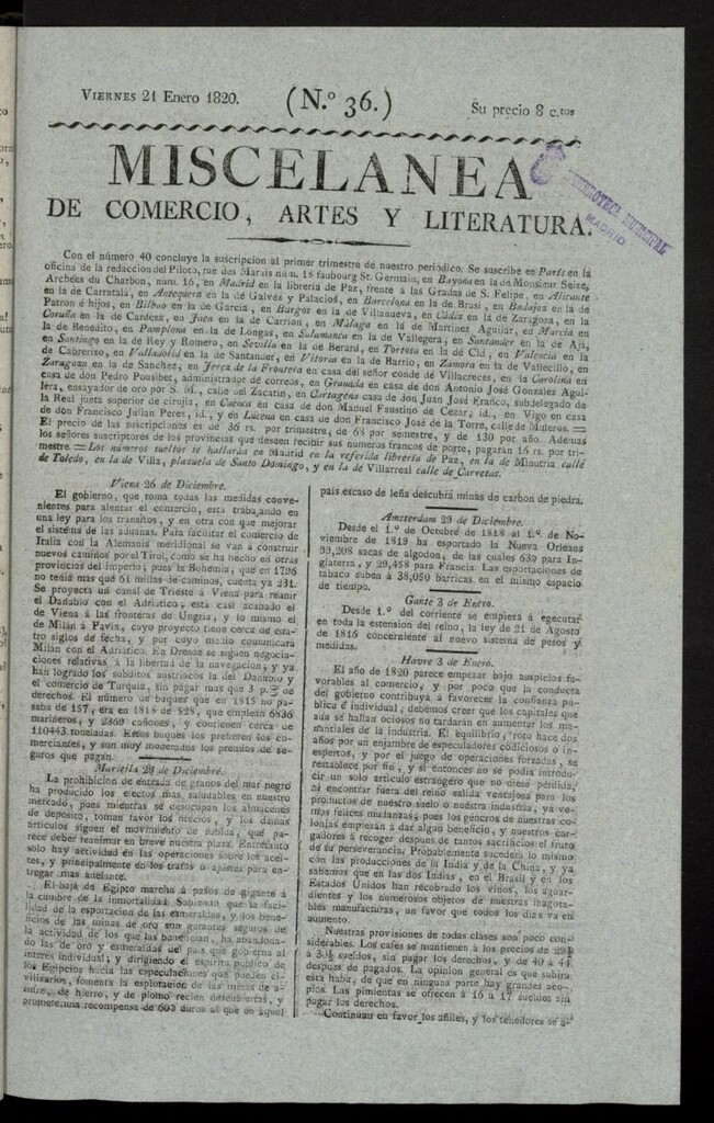 Miniatura de Miscelánea de comercio, artes y literatura (Madrid) del 21 de enero de 1820, nº 36
