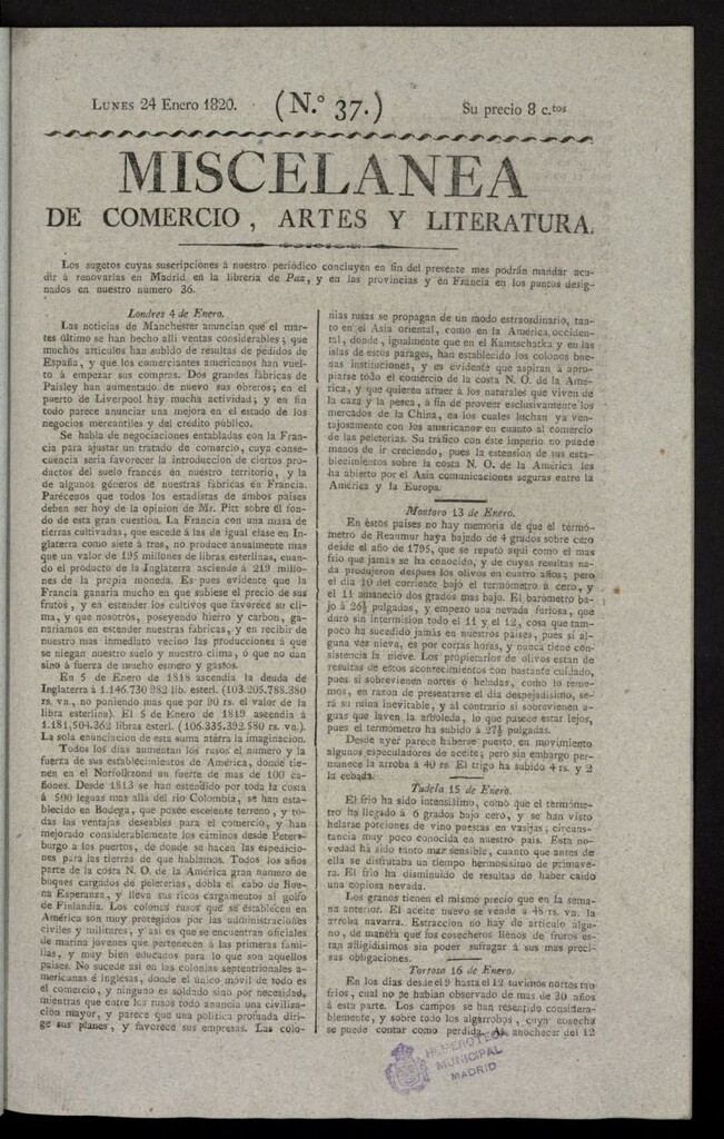 Miniatura de Miscelánea de comercio, artes y literatura (Madrid) del 24 de enero de 1820, nº 37