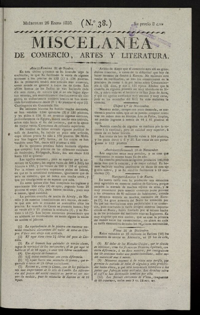 Miniatura de Miscelánea de comercio, artes y literatura (Madrid) del 26 de enero de 1820, nº 38