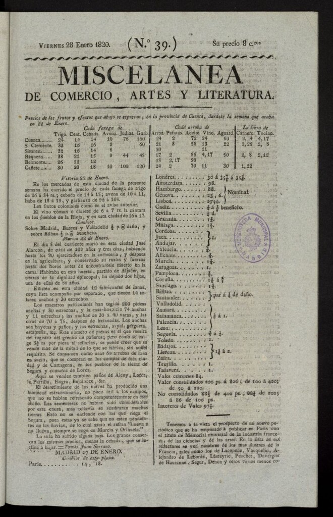 Miniatura de Miscelánea de comercio, artes y literatura (Madrid) del 28 de enero de 1820, nº 39
