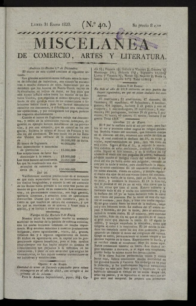 Miniatura de Miscelánea de comercio, artes y literatura (Madrid) del 31 de enero de 1820, nº 40