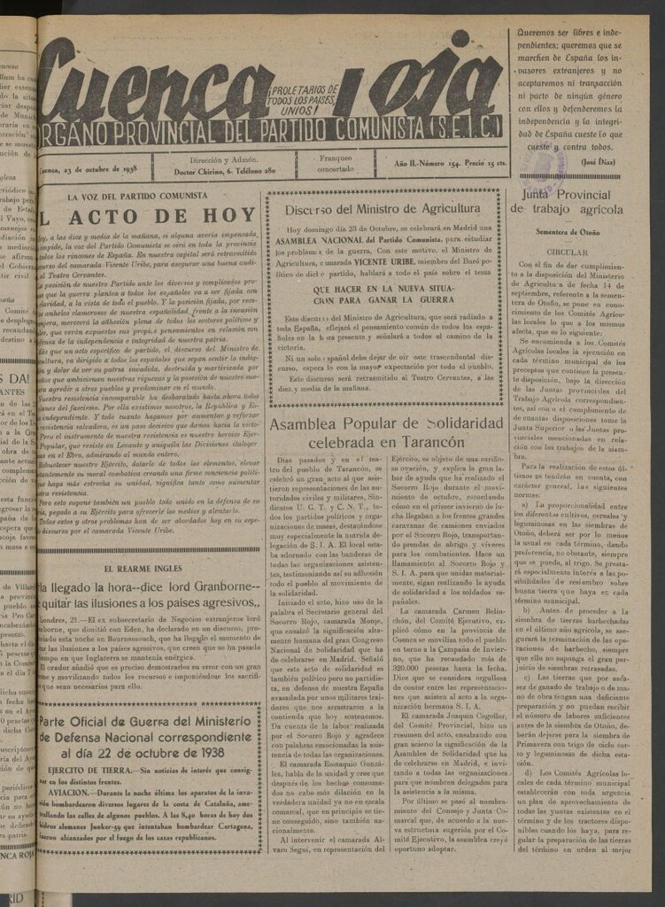Miniatura de Cuenca Roja : órgano del Partido Comunista del 23 de octubre de 1938