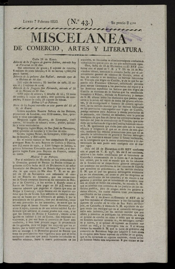 Miniatura de Miscelánea de comercio, artes y literatura (Madrid) del 7 de febrero de 1820, nº 43