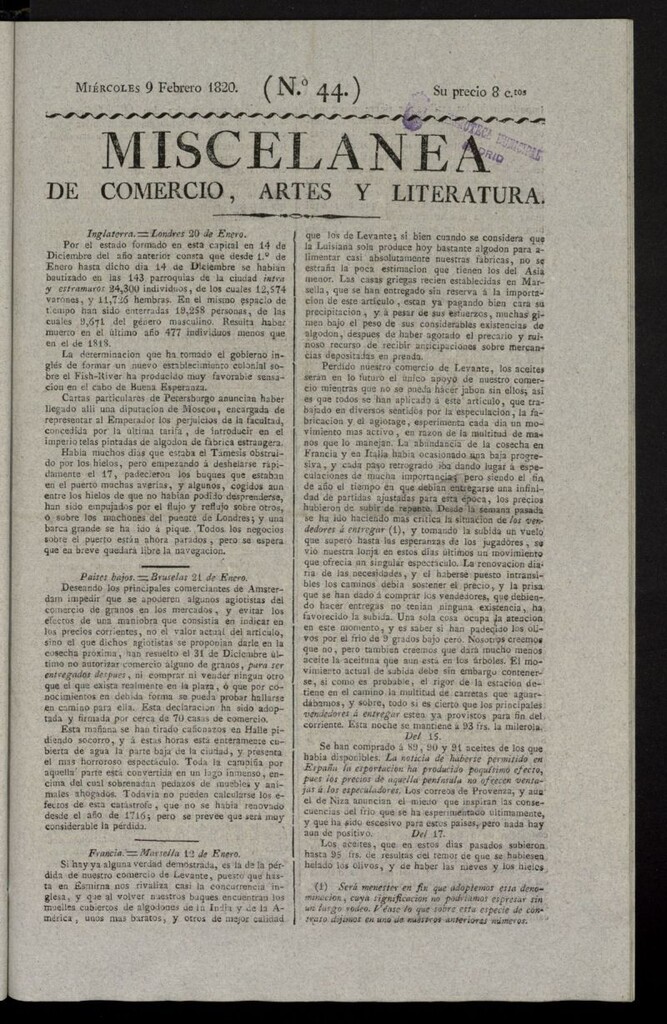 Miniatura de Miscelánea de comercio, artes y literatura (Madrid) del 9 de febrero de 1820, nº 44
