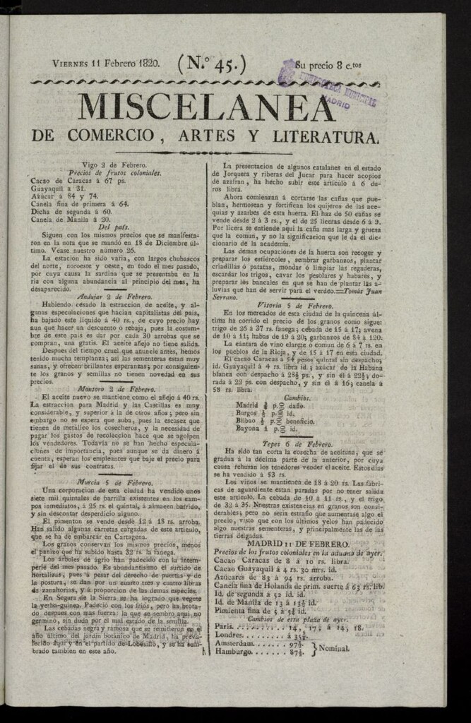 Miniatura de Miscelánea de comercio, artes y literatura (Madrid) del 11 de febrero de 1820, nº 45