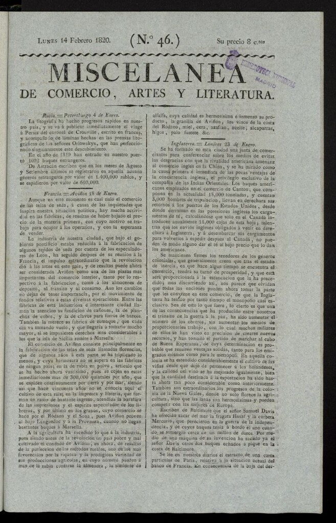 Miniatura de Miscelánea de comercio, artes y literatura (Madrid) del 14 de febrero de 1820, nº 46