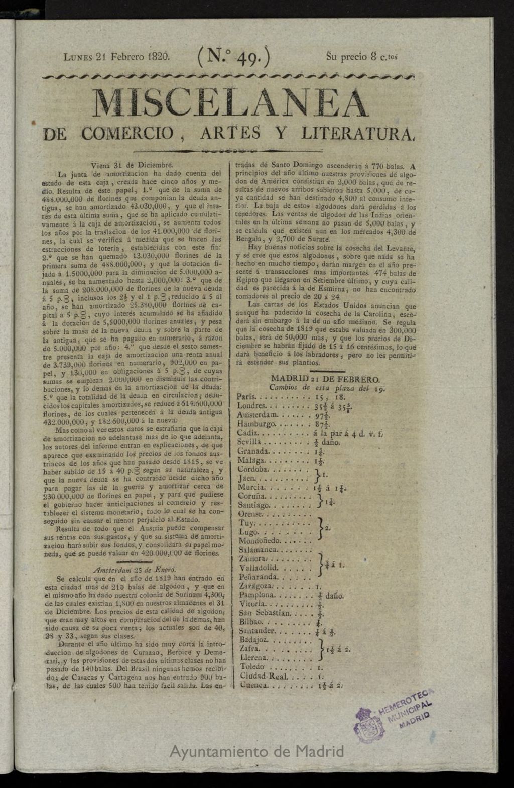 Miniatura de Miscelánea de comercio, artes y literatura (Madrid) del 21 de febrero de 1820, nº 49