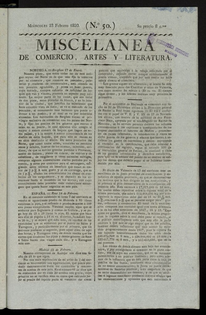 Miniatura de Miscelánea de comercio, artes y literatura (Madrid) del 23 de febrero de 1820, nº 50