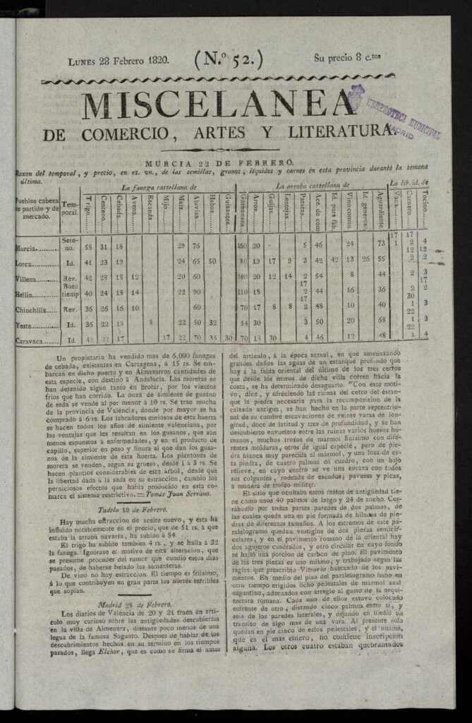 Miniatura de Miscelánea de comercio, artes y literatura (Madrid) del 28 de febrero de 1820, nº 52