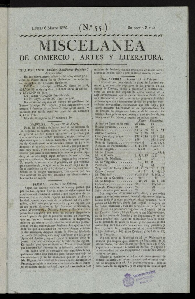 Miniatura de Miscelánea de comercio, artes y literatura (Madrid) del 6 de marzo de 1820, nº 55