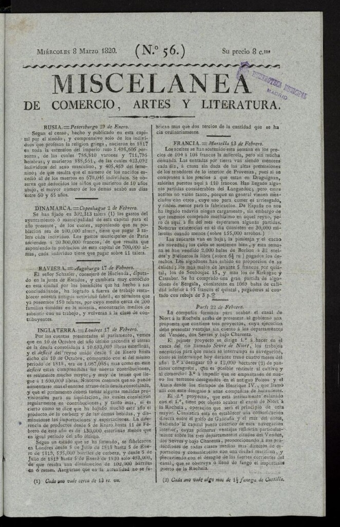 Miniatura de Miscelánea de comercio, artes y literatura (Madrid) del 8 de marzo de 1820, nº 56