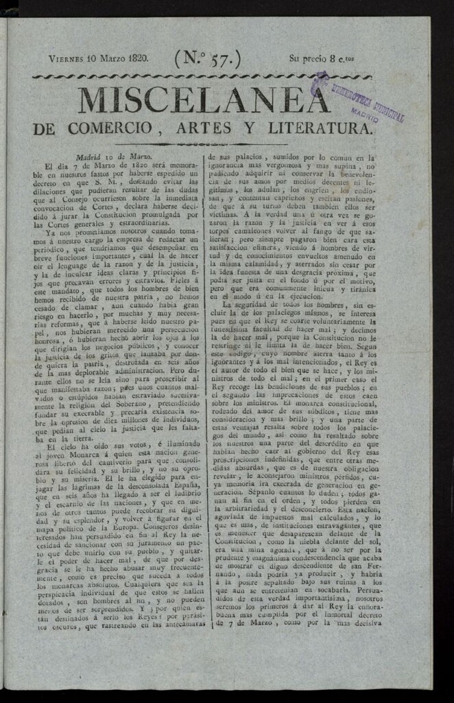 Miniatura de Miscelánea de comercio, artes y literatura (Madrid) del 10 de marzo de 1820, nº 57