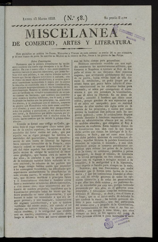 Miniatura de Miscelánea de comercio, artes y literatura (Madrid) del 13 de marzo de 1820, nº 58