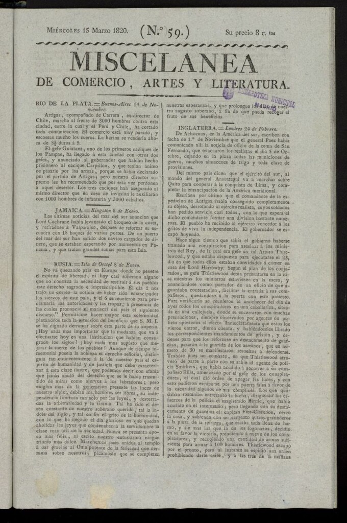 Miniatura de Miscelánea de comercio, artes y literatura (Madrid) del 15 de marzo de 1820, nº 59