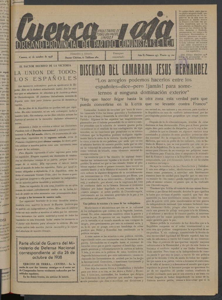 Miniatura de Cuenca Roja : órgano del Partido Comunista del 27 de octubre de 1938