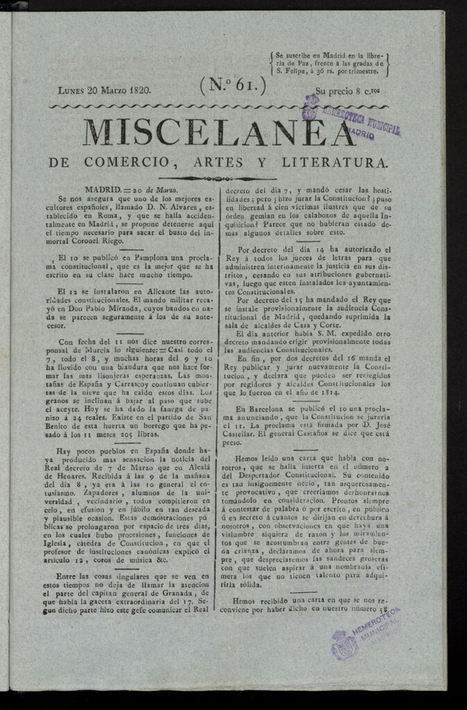 Miniatura de Miscelánea de comercio, artes y literatura (Madrid) del 20 de marzo de 1820, nº 61