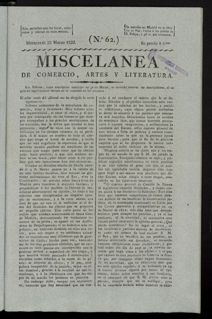 Miniatura de Miscelánea de comercio, artes y literatura (Madrid) del 22 de marzo de 1820, nº 62