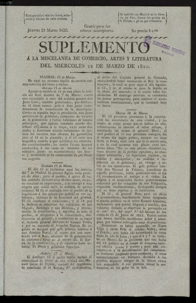 Miniatura de Miscelánea de comercio, artes y literatura (Madrid) del 23 de marzo de 1820, suplemento al nº 62