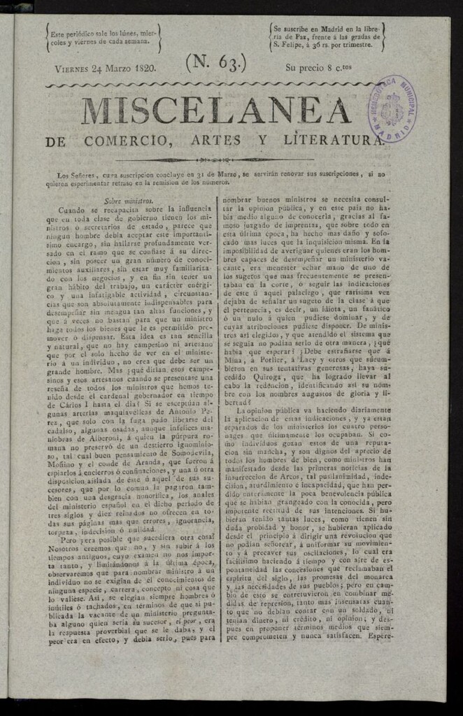 Miniatura de Miscelánea de comercio, artes y literatura (Madrid) del 24 de marzo de 1820, nº 63