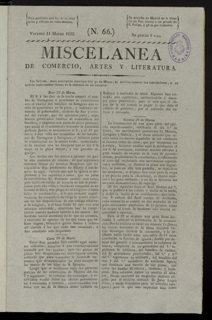 Miniatura de Miscelánea de comercio, artes y literatura (Madrid) del 31 de marzo de 1820, nº 66