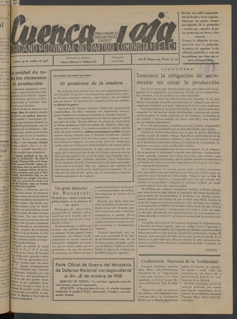 Miniatura de Cuenca Roja : órgano del Partido Comunista del 29 de octubre de 1938