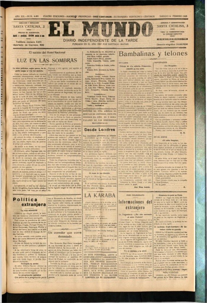Miniatura de El Mundo del 14 de febrero de 1925