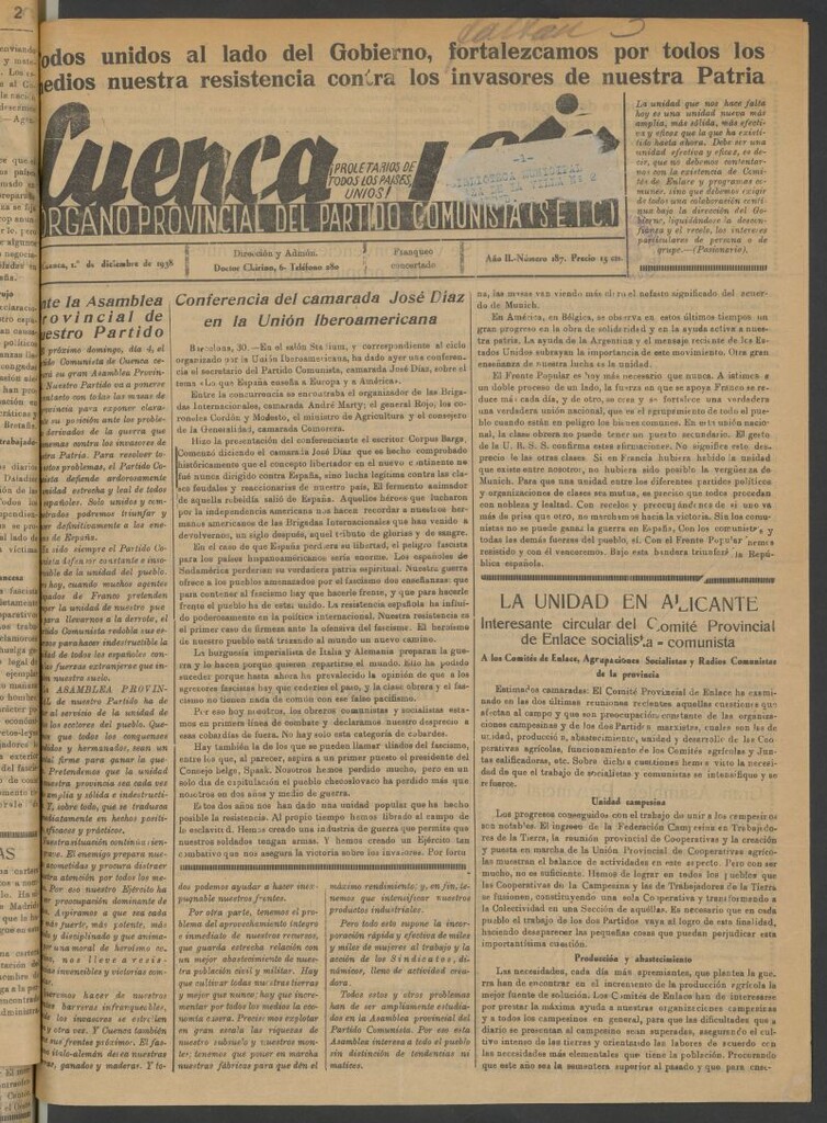 Miniatura de Cuenca Roja : órgano del Partido Comunista del 1 de diciembre de 1938