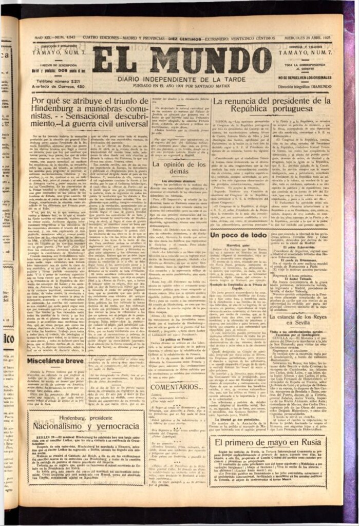Miniatura de El Mundo del 29 de abril de 1925
