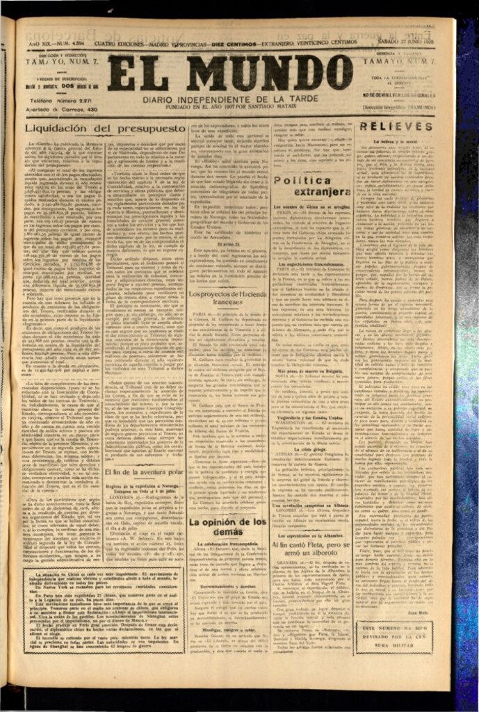 Miniatura de El Mundo del 27 de junio de 1925
