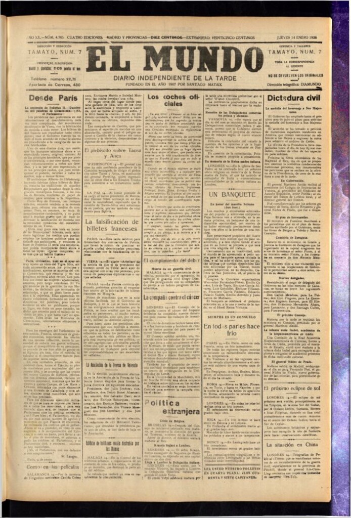 Miniatura de El Mundo del 14 de enero de 1926