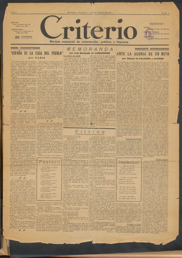 Miniatura de Criterio : revista semanal de orientación política y literaria del 1 de octubre de 1931