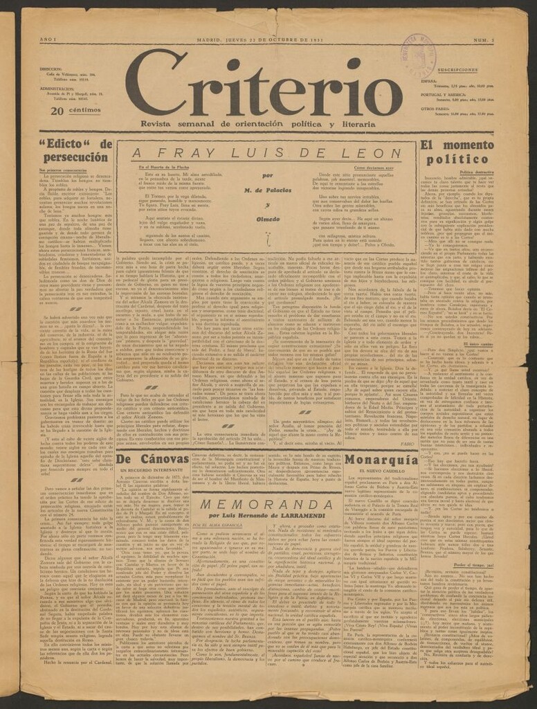 Miniatura de Criterio : revista semanal de orientación política y literaria del 22 de octubre de 1931