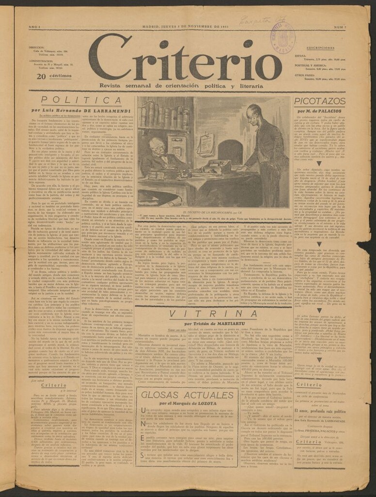 Miniatura de Criterio : revista semanal de orientación política y literaria del 5 de noviembre de 1931