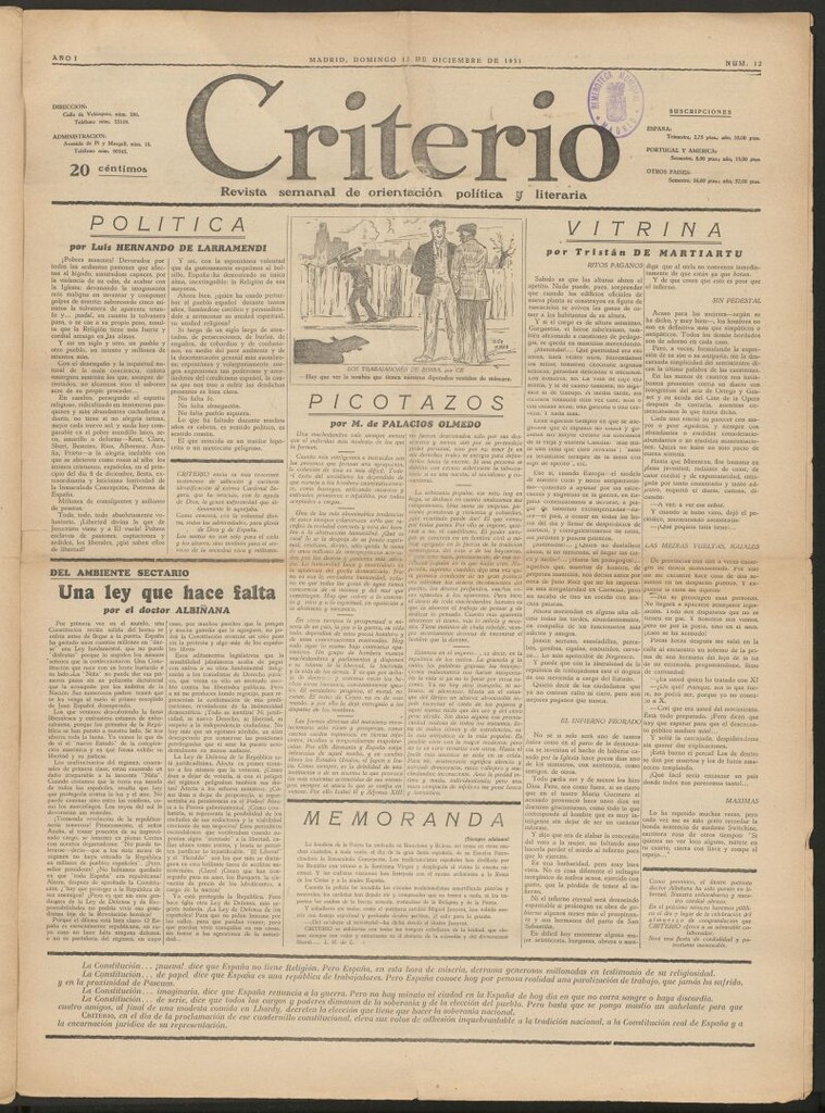 Miniatura de Criterio : revista semanal de orientación política y literaria del 13 de diciembre de 1931