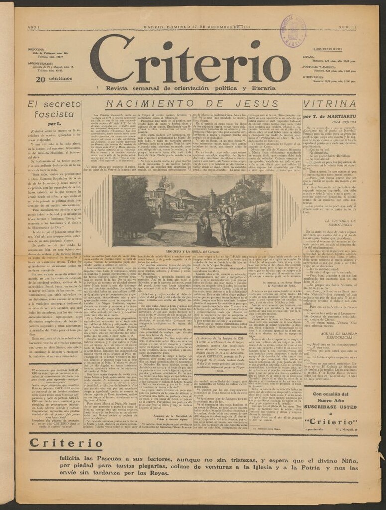 Miniatura de Criterio : revista semanal de orientación política y literaria del 27 de diciembre de 1931