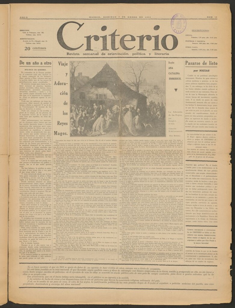 Miniatura de Criterio : revista semanal de orientación política y literaria del 3 de enero de 1932