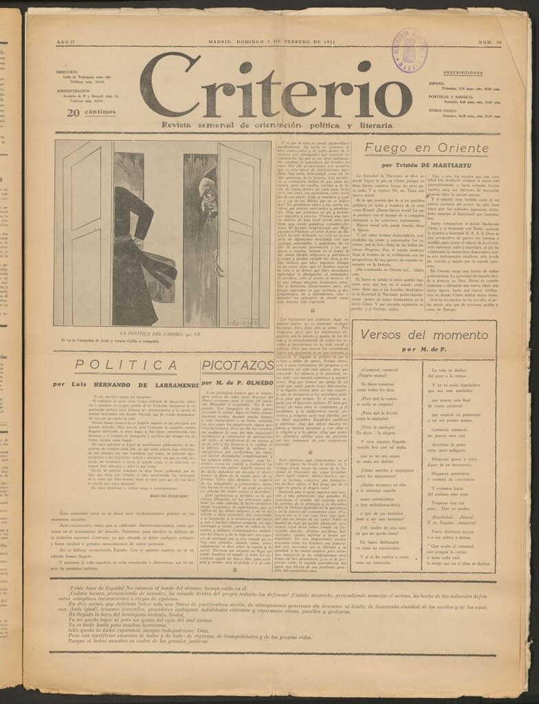 Miniatura de Criterio : revista semanal de orientación política y literaria del 7 de febrero de1932
