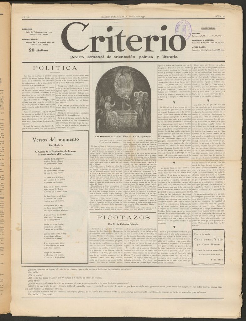 Miniatura de Criterio : revista semanal de orientación política y literaria del 27 de marzo de 1932