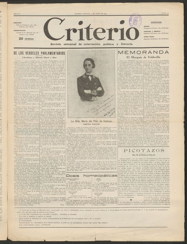 Miniatura de Criterio : revista semanal de orientación política y literaria del 3 de abril de 1932
