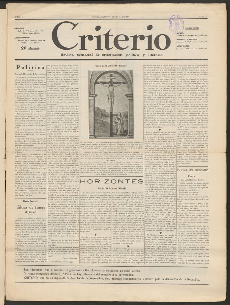 Miniatura de Criterio : revista semanal de orientación política y literaria del 1 de mayo de 1932